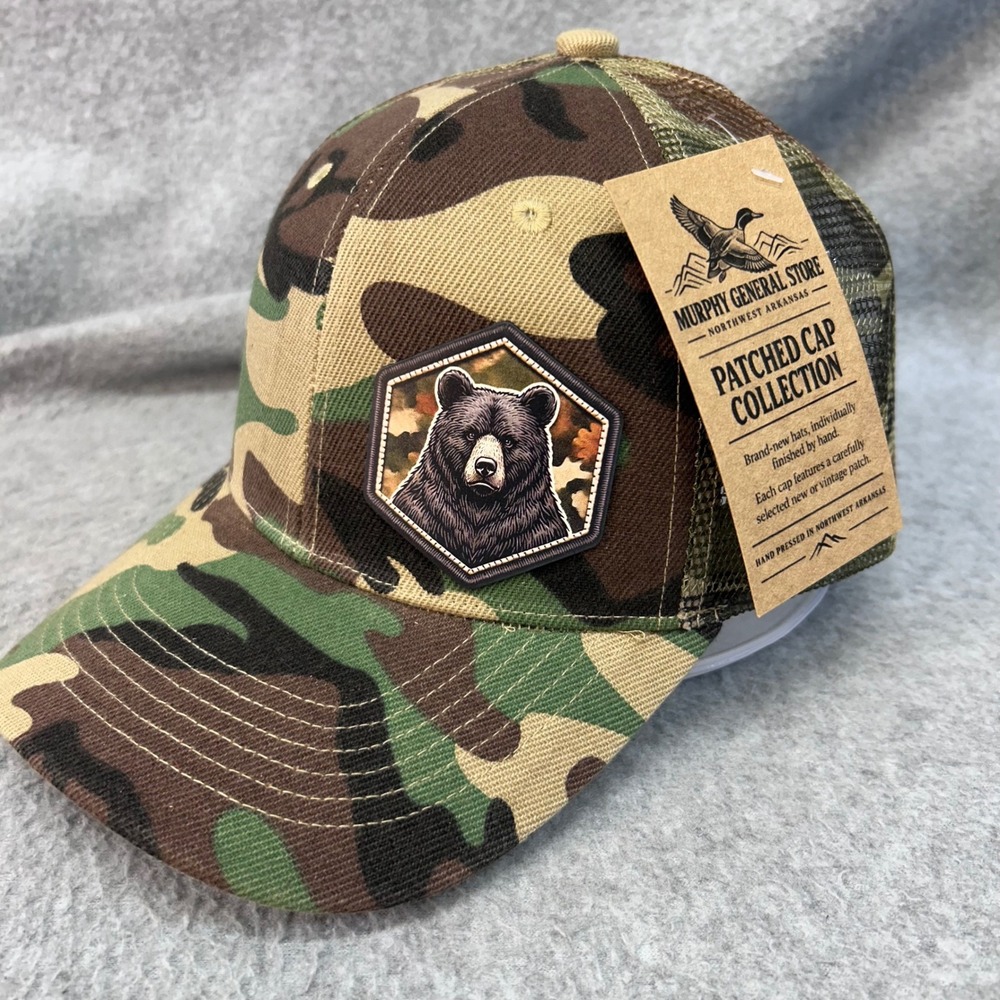Grizzly Bear Patch Mens Camo Trucker Hat Snapback OSFM NWT